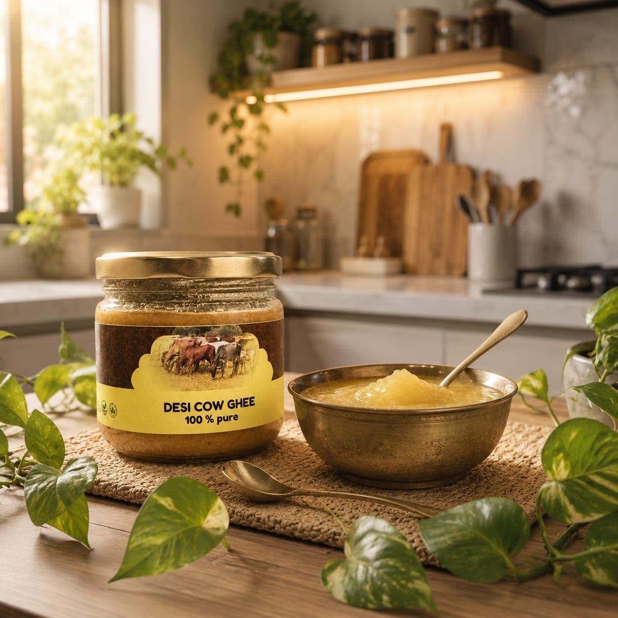 myefarm desi cow ghee styled on a kitchen counter with fresh leaves