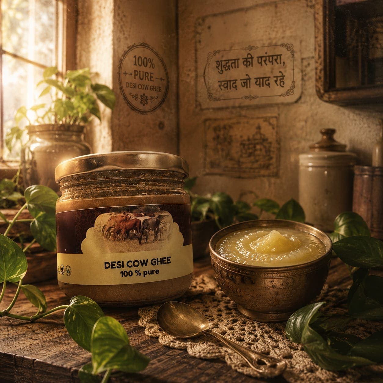 Jar of myefarm 100 percent pure desi cow ghee on a rustic surface
