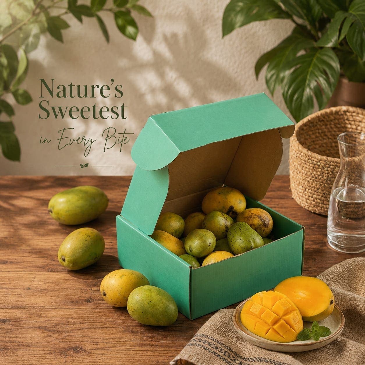 Teal myefarm gift box filled with native season mangoes