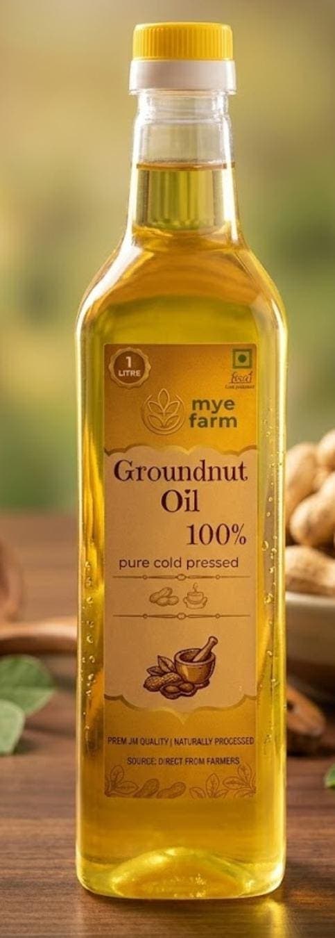 One litre bottle of myefarm cold pressed groundnut oil