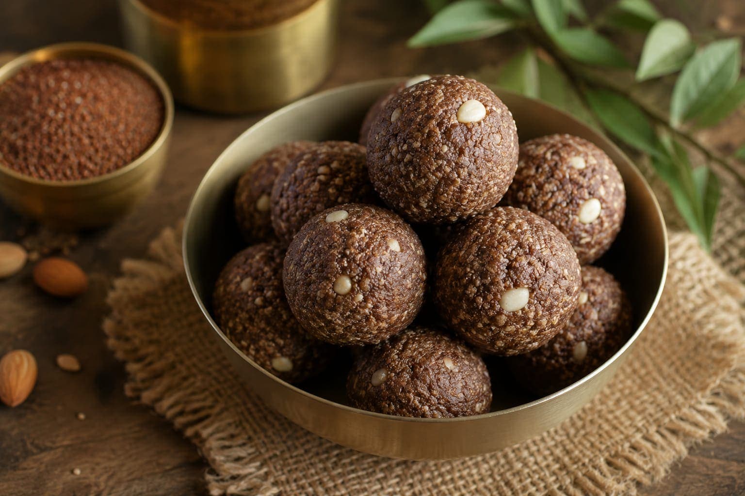 Ragi and jawar millet laddoos in a brass bowl