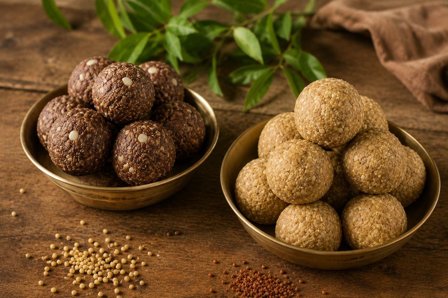 Millet laddoos in brass bowls beside loose grain