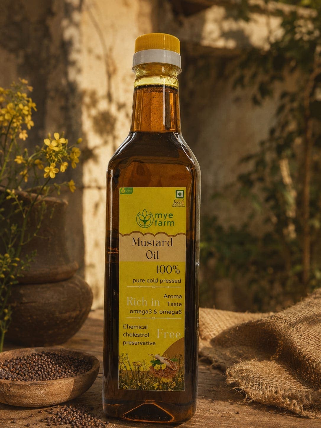 Bottle of myefarm cold pressed mustard oil in daylight