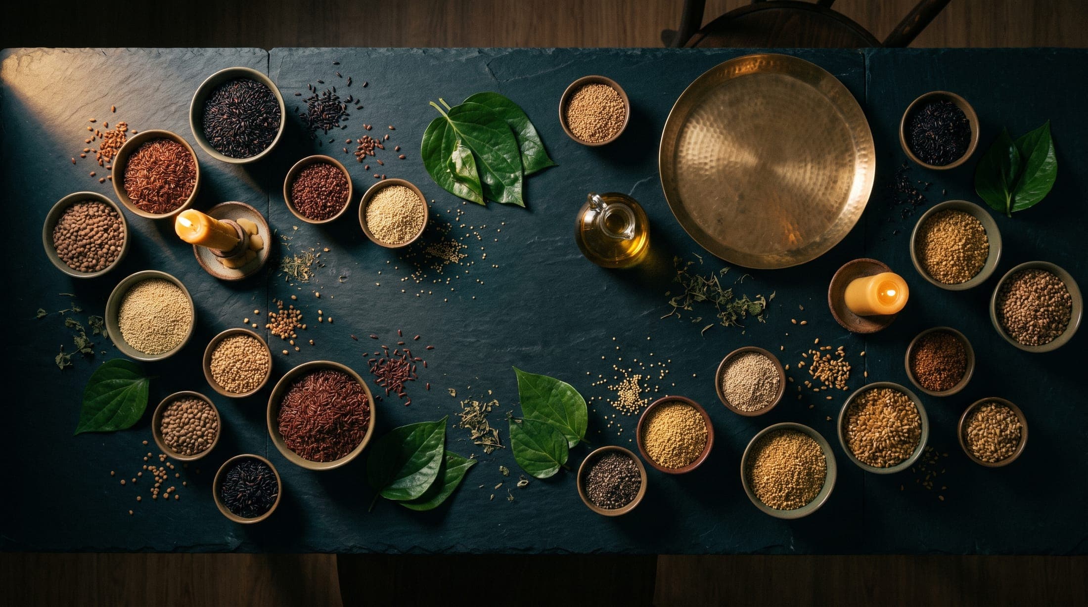 Top-down editorial table setting of indigenous Indian grains, brass thali and cold-pressed oil
