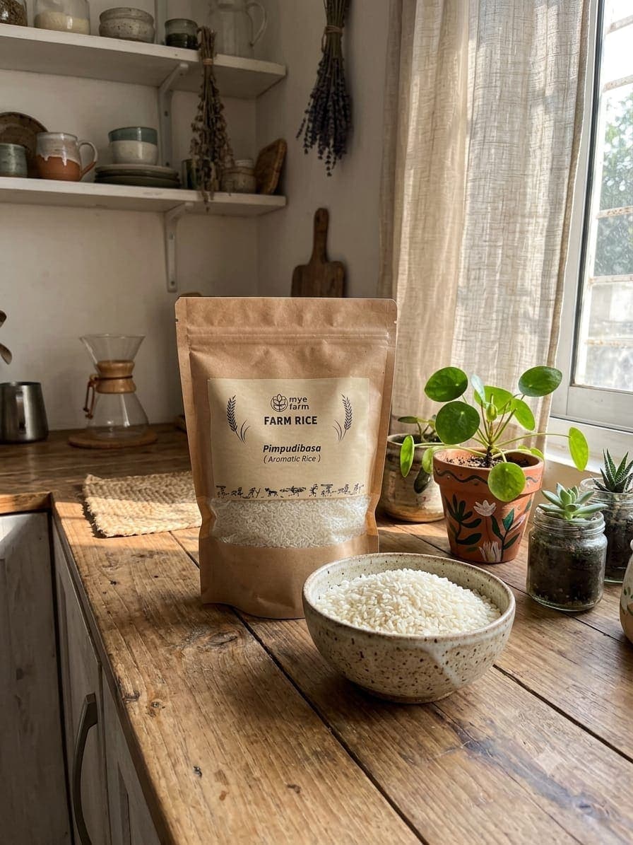 myefarm rice pouch and a bowl of milled rice on a kitchen counter