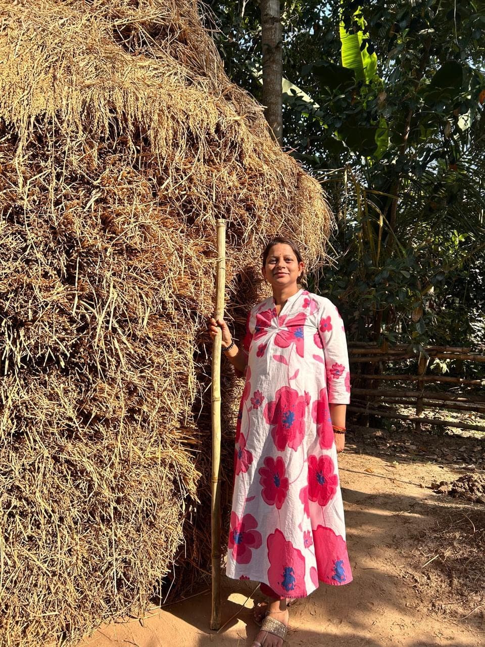 Swosti Mishra outside a village home during a sourcing visit